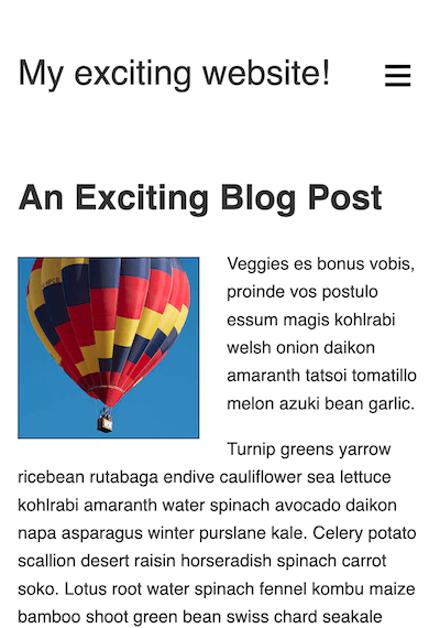 Ausgangspunkt der mobilgerätefreundlichen Aufgabe. Ein einspaltiges Layout mit einem Logo oben und einem Hamburger-Menüsymbol, gefolgt von einer Überschrift oberster Ebene, gefolgt von Textinhalt mit einem eingefügten Bild.